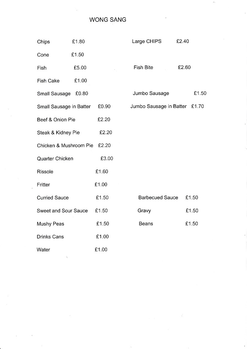 Menu of Wong Sang, Chinese Takeaway in Porth, Rhondda