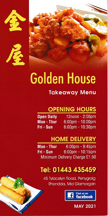 Menu of Golden House,Chinese Takeaway Penygraig Tonypandy