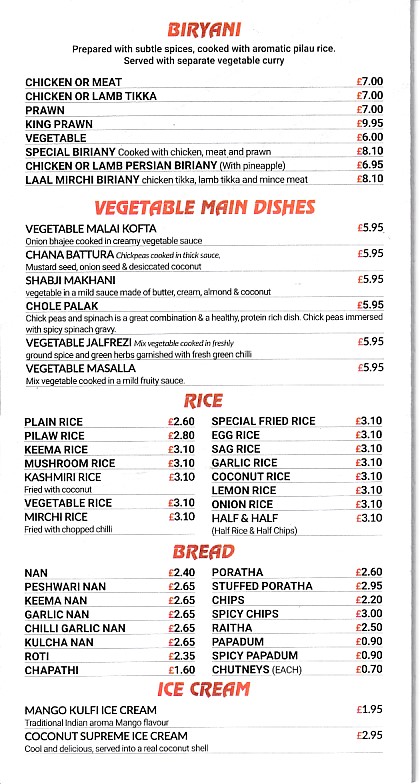 Menu of Laal Mirchi, Indian takeaway Aberdare