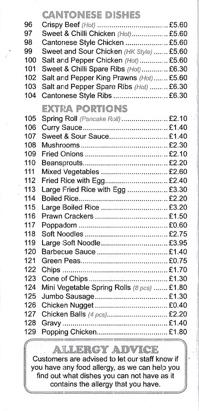 Menu of Happy Valley, Chinese takeaway in Penrhiwceiber, Mountain Ash